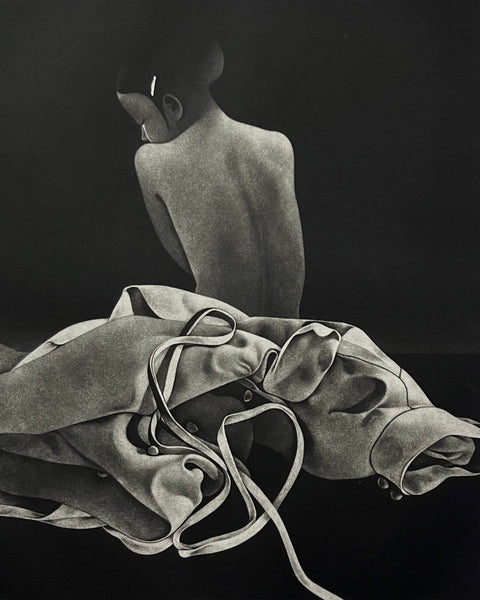 Original 1976 artist's proof mezzotint by Kaoru Saito depicting a seated woman viewed from behind against a deep black background, hand signed, titled, and dated.