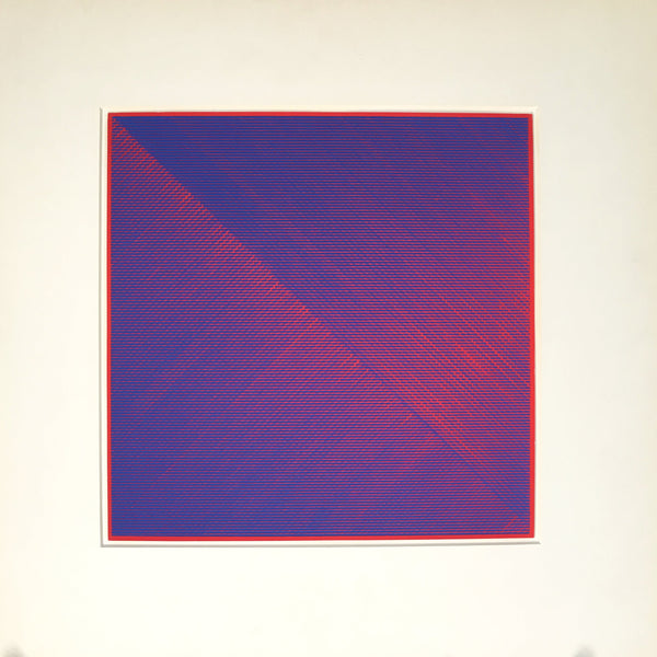 Abstract artwork with red and blue diagonal lines on a beige background