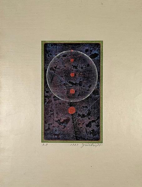 Artistic print with a circular design on a textured background, framed by a beige border.
