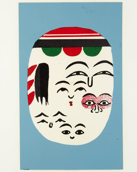 An abstract silkscreen print featuring multiple  kokeshi face swith black lines and red, and green details, set against a light blue rectangular background with a wide off-white border.