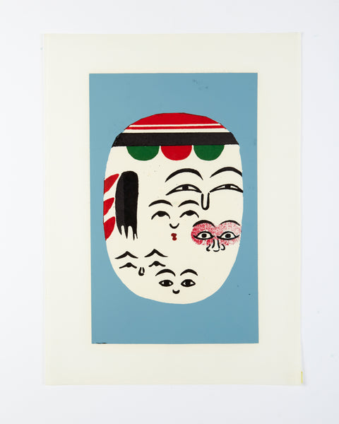 An abstract woodblock print featuring multiple kokeshi faces with black lines and red, green, and pink details, set against a light blue rectangular background with a wide off-white border.