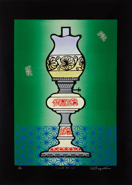 Decorative oil lamp sergraph on a green background with a black frame.