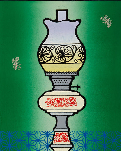 Decorative oil lamp illustration on a green background with a black frame.
