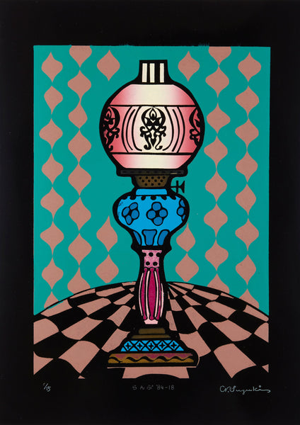 Decorative lamp with geometric pattern on a teal background