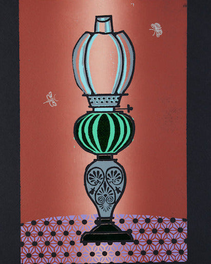 ltd edition handmade print. Decorative antique lamp, on a red background with a black border
