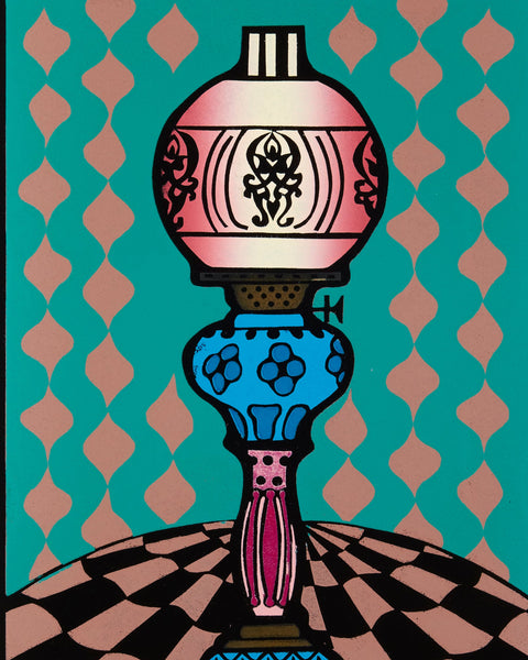 Decorative lamp with geometric pattern on a teal background