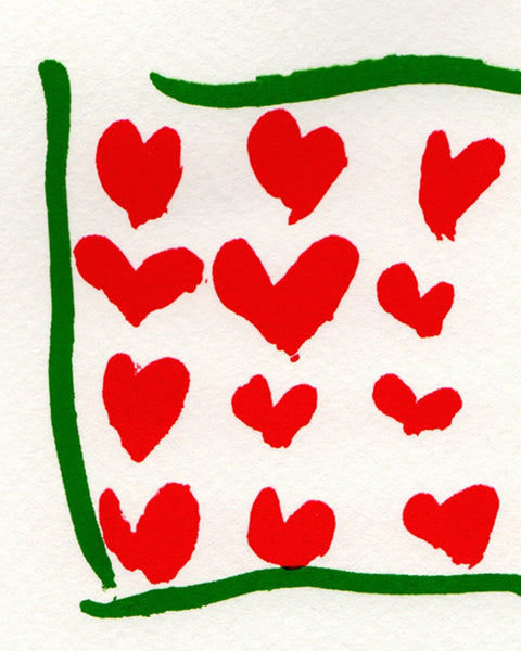 Artistic depiction of red hearts within a green square on a white background, signed 'Machiko' at the bottom right corner.