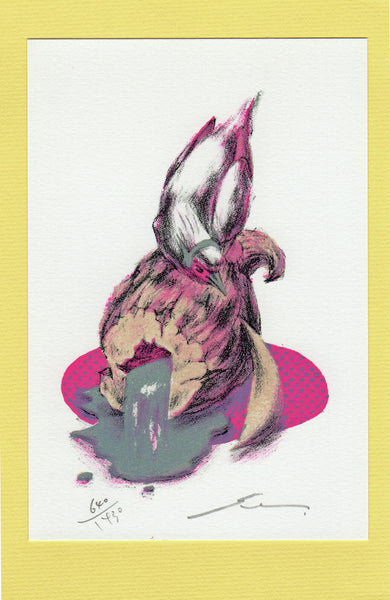 Abstract artwork with a bird-like figure on a white background, framed in yellow.