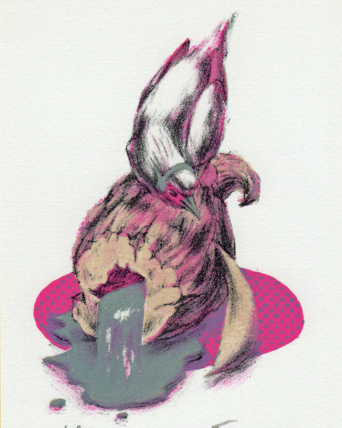 Abstract artwork of bird with a pink and gray figure on a white background