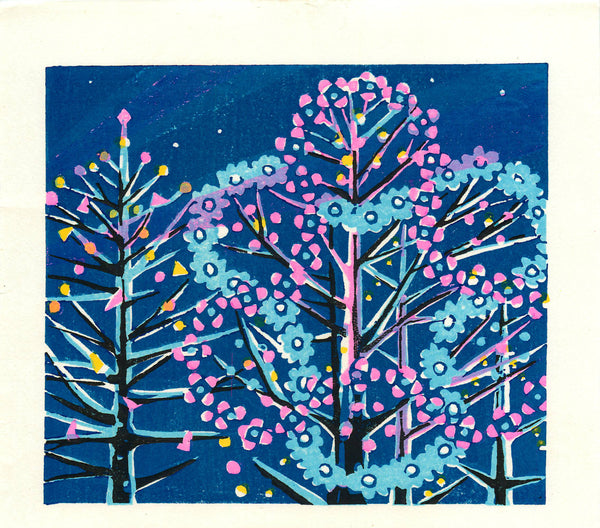 Colorful abstract art of trees on a blue background. Christmas Lights