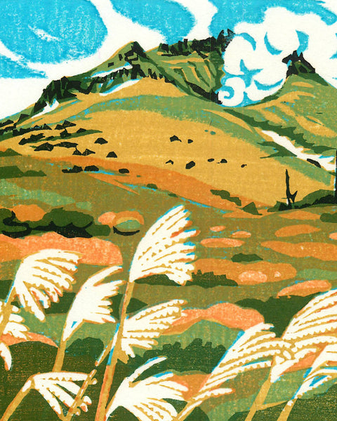 Illustration of a landscape with mountains, fields, and reeds.