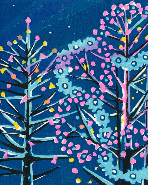 Colorful abstract art of trees on a blue background