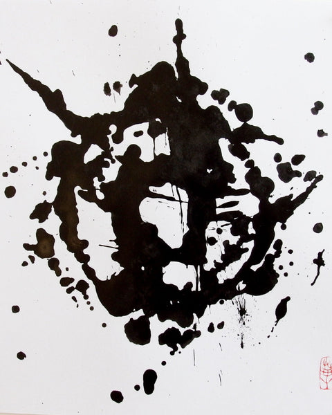 Black ink splashes on a white background. Japanese zen painting. abstract expressionism