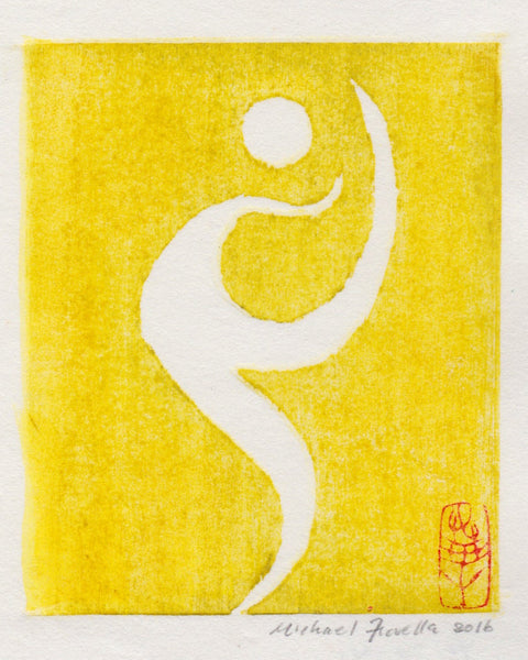 Original hand-printed contemporary Japanese woodblock by Michael Fiorella depicting a simplified white human figure in motion against a luminous yellow background.