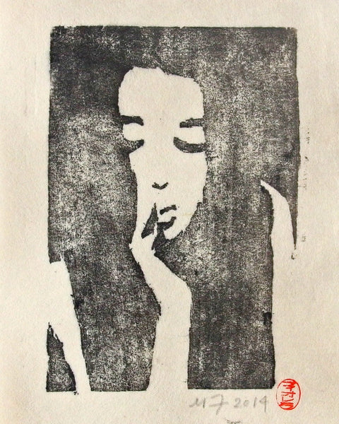 Original woodblock print by Michael Fiorella depicting a contemplative abstract figure in black and white with expressive carved texture