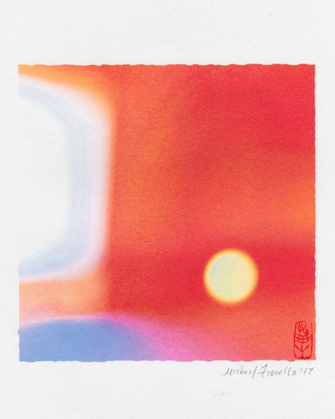 Abstract artwork with sun floating in a gradient of red, orange, and blue colors on a white background.