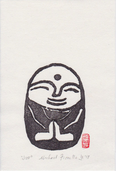 Original hand-printed contemporary Japanese woodblock by Michael Fiorella depicting a simplified smiling Jizō figure rendered in bold black ink on white paper.