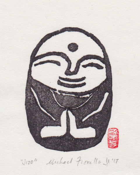 Original hand-printed contemporary Japanese woodblock by Michael Fiorella depicting a simplified smiling Jizō figure rendered in bold black ink on white paper.