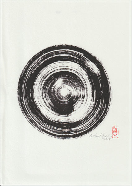 Archival pigment print on Japanese washi paper featuring a bold black Zen ensō by Michael Fiorella Jr., hand signed and stamped by the artist.