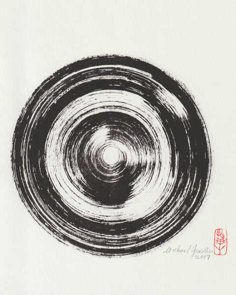Archival pigment print on Japanese washi paper featuring a bold black Zen ensō by Michael Fiorella Jr., hand signed and stamped by the artist.