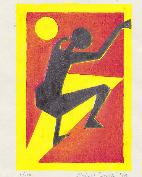 Artistic depiction of a figure with a sun against a red and yellow background