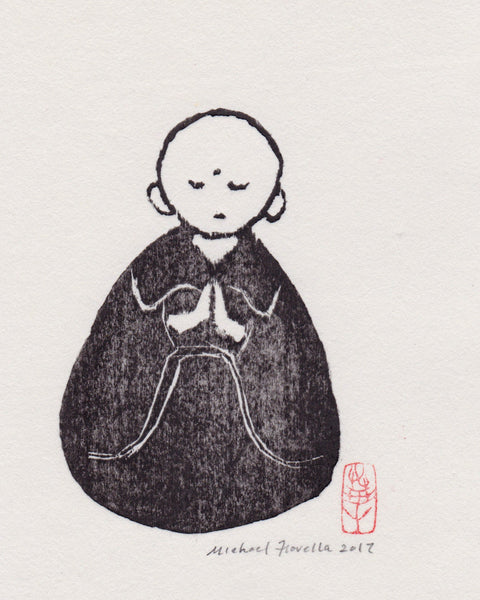 Original hand-printed contemporary Japanese woodblock by Michael Fiorella depicting a serene monk meditating with hands joined in prayer.