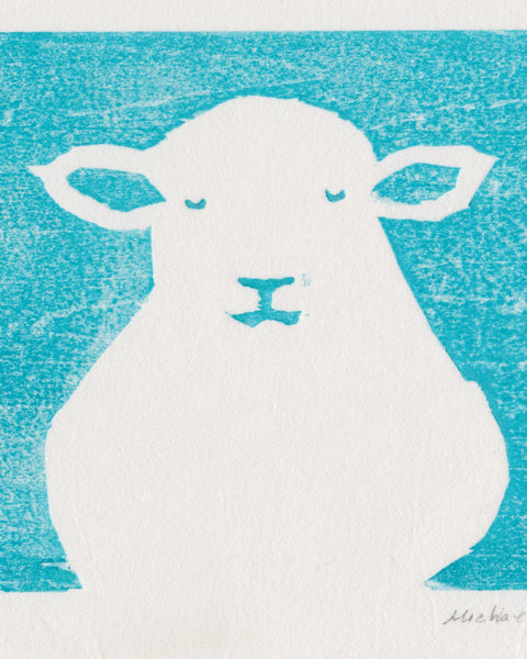 Original contemporary woodblock print by Michael Fiorella depicting a peaceful white lamb with closed eyes against a turquoise blue background.