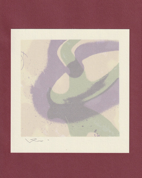 Abstract artwork with a purple and green shape on a beige background, framed in red.