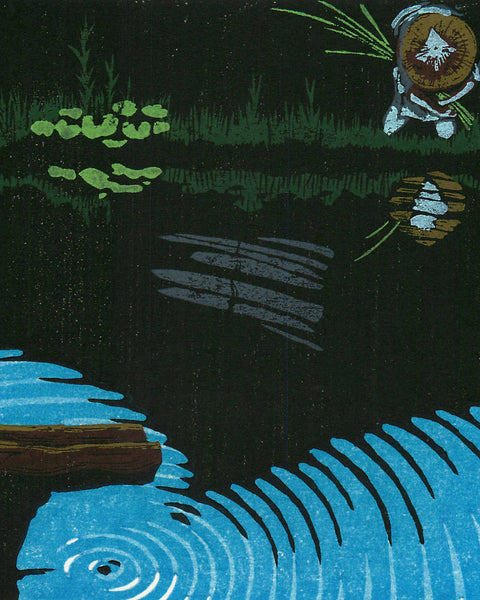 Illustration of a pond with ripples, grass, and a small animal near the water's edge.