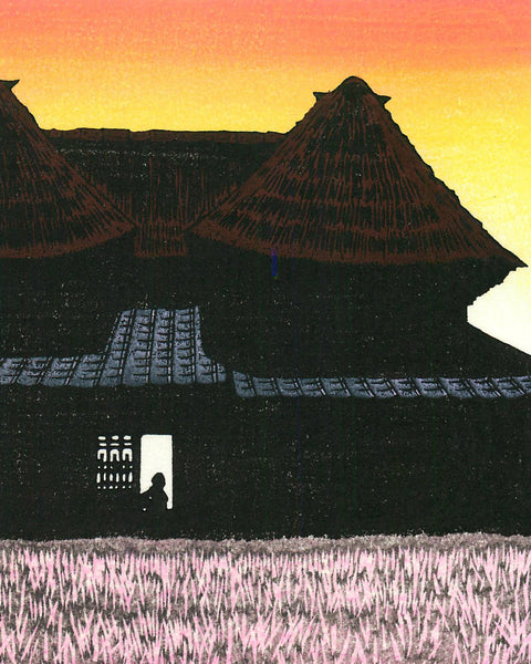 Silhouette of a traditional Japanese house with a person inside against a sunset sky.