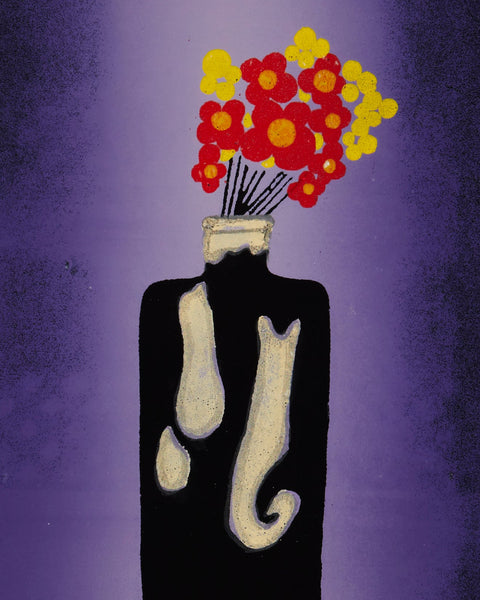 Framed artwork of a black vase with flowers on a purple background