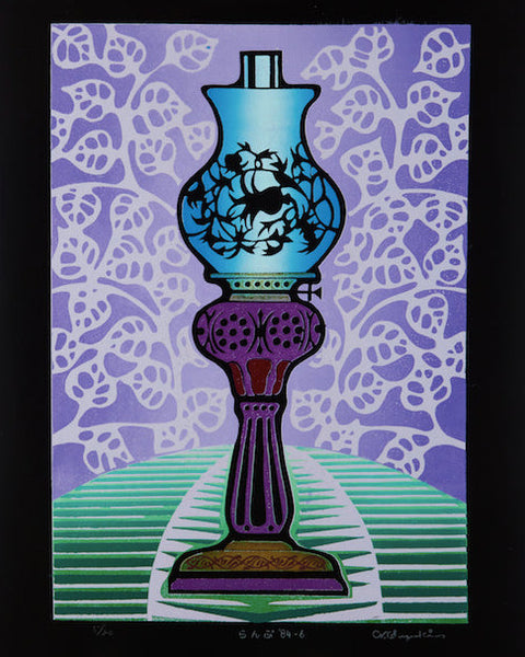 A framed Ltd edition silkscreen artwork featuring a stylized blue and purple oil lamp on a green striped path against a purple background with white abstract patterns, presented on a black background