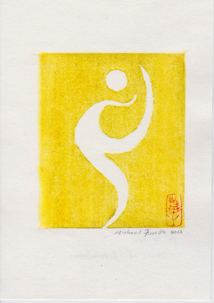 Original hand-printed contemporary Japanese woodblock by Michael Fiorella depicting a simplified white human figure in motion against a luminous yellow background.