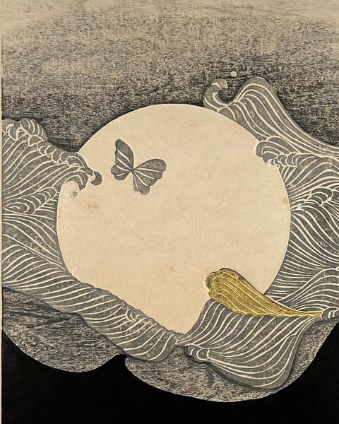 Artistic depiction of a butterfly and a fish with wavy lines on a textured background