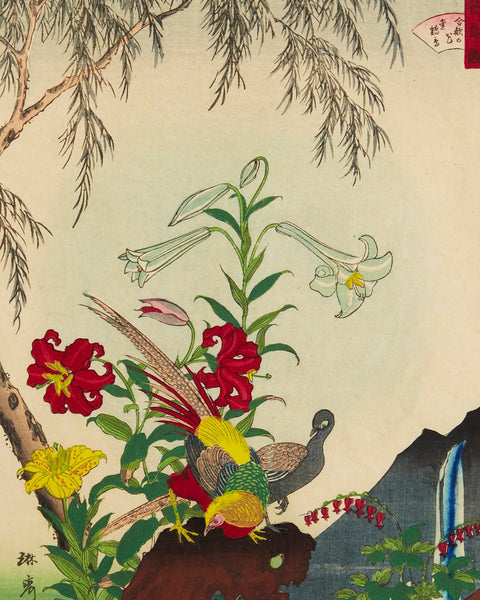 Ukiyo-e. Antique Woodblock print featuring pheasants and flowers