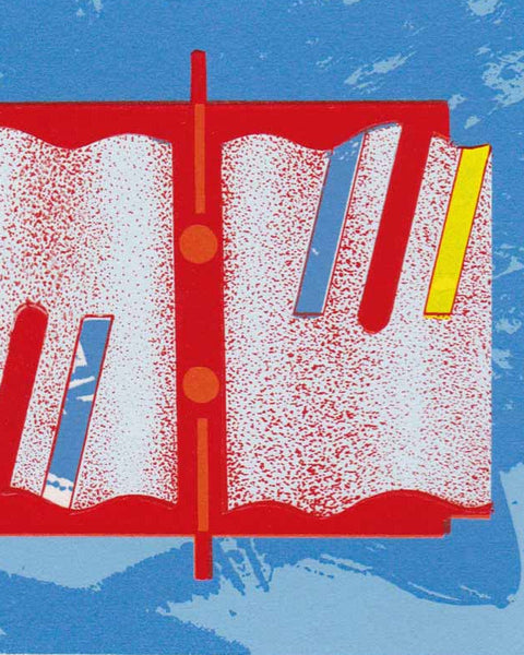 Abstract artwork with red, blue, and yellow shapes on a blue background