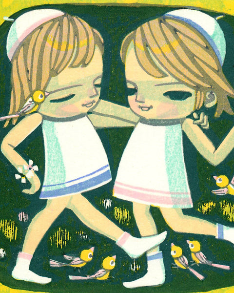 Illustration of two girls in white dresses with birds and flowers, framed by a yellow border.