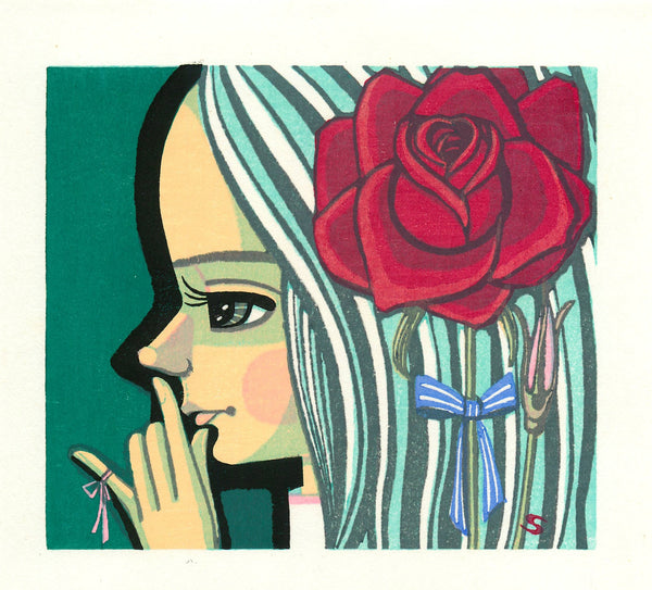 Handmade woodblock print by shuzo ikeda, girl whispering with rose in hair