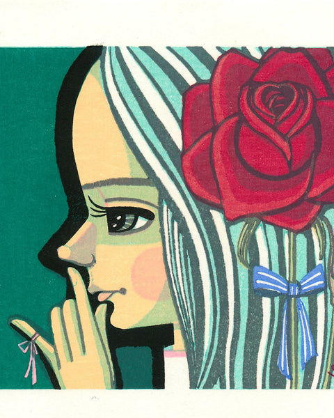Handmade woodblock print by shuzo ikeda, girl whispering with rose in hair