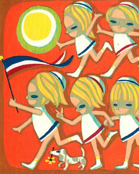 Handmade woodcut print of seven blonde girls in white dresses running with a sun and flag on an orange background