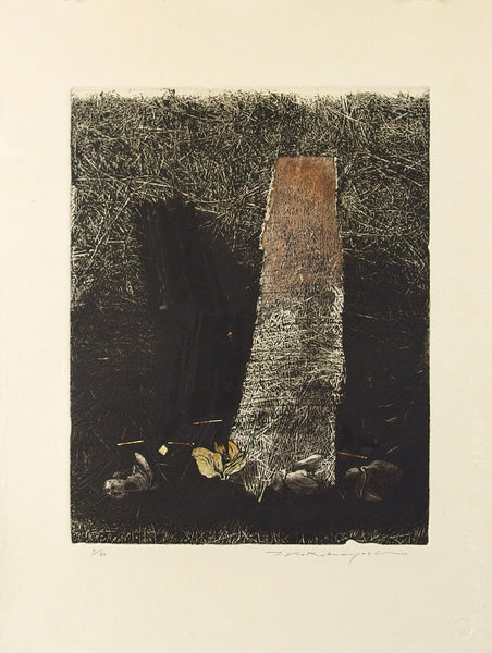 Abstract Japanese Sosaku Hanga Print with a central rectangular shape on a beige background