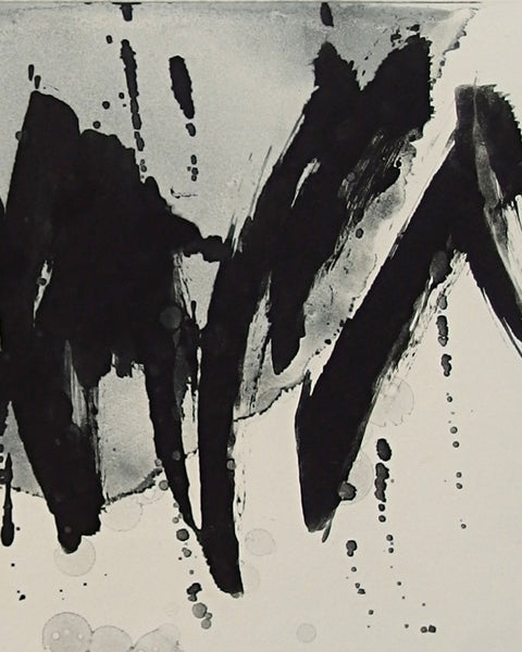 Abstract black and white artwork with large brush strokes on a textured background