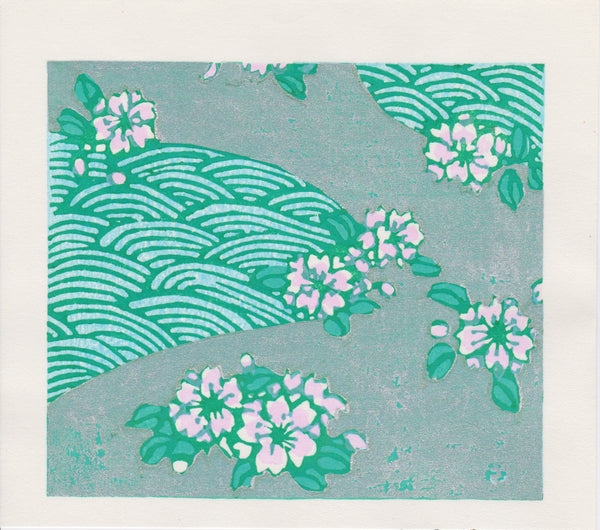 Modern Japanese woodblock print with green wave pattern and cherry blossom flowers