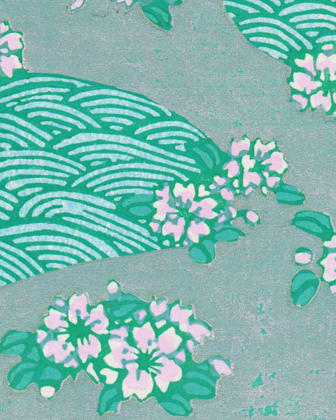 Decorative modern Japanese woodblock print with green wave pattern and pink flowers on a light blue background