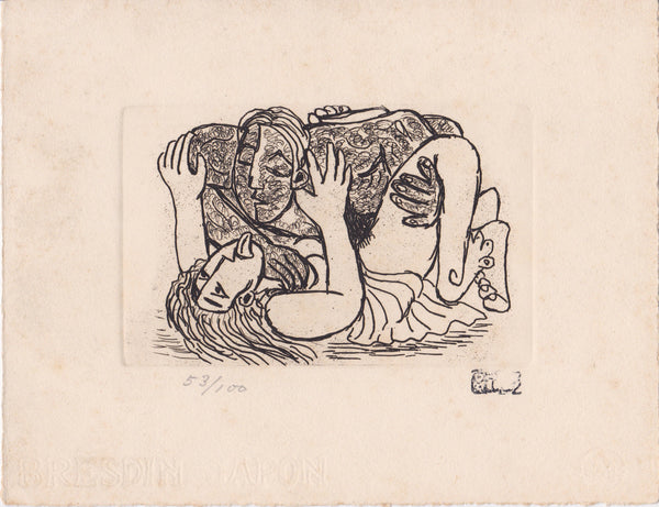 Original figurative etching by Tamiji Kitagawa depicting intertwined human figures rendered with expressive black line on cream paper.