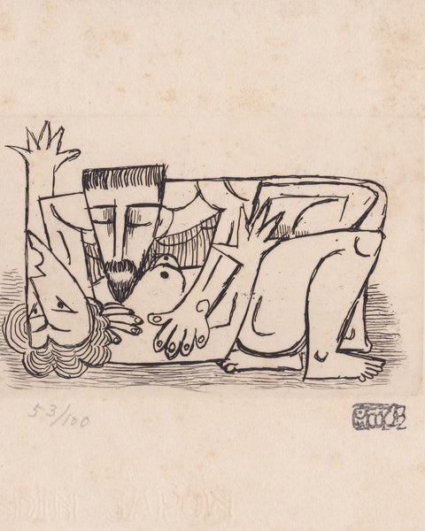 Black line  engraving of two lovers