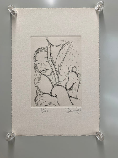 Black and white line drawing of a person holding a child on textured paper, signed 'Tamiji'.