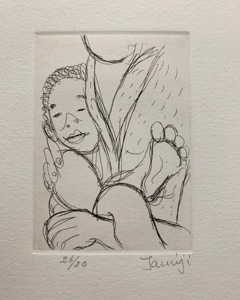 Artistic depiction of a mother holding a child on textured paper