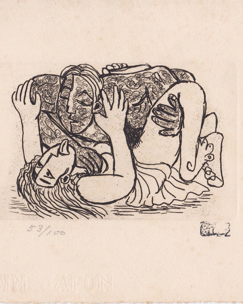 Original figurative etching by Tamiji Kitagawa depicting intertwined human figures rendered with expressive black line on cream paper.