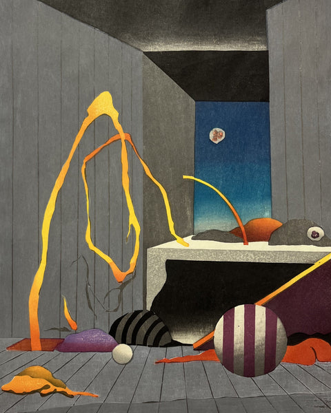 Artist's proof Japanese woodblock print by Jun Morioka depicting a surreal modern interior with geometric forms, a striped sphere, and vivid orange accents.